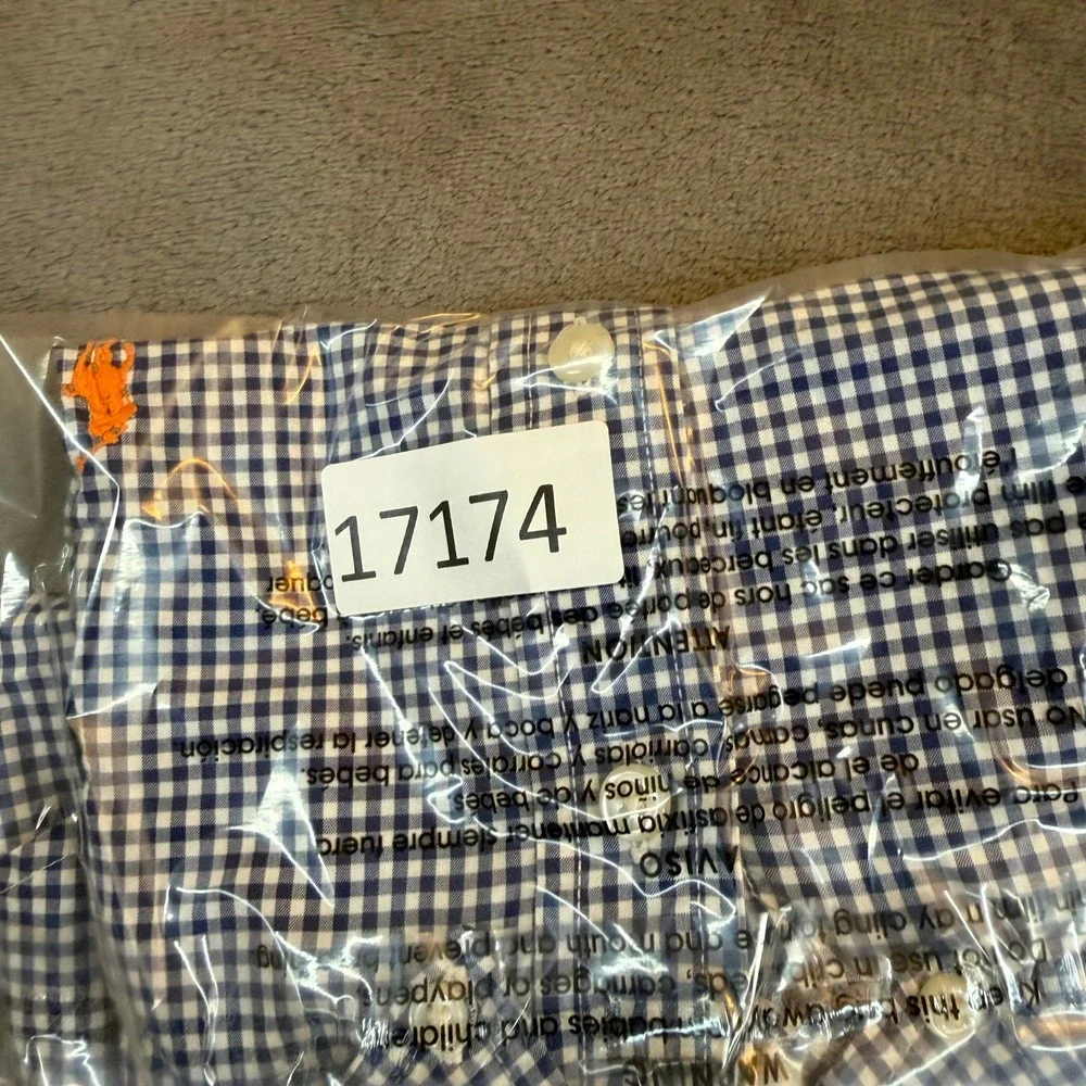 Ralph Lauren Boys Blue White Gingham Button Down Shirt Medium 10-12 Orange Pony‎